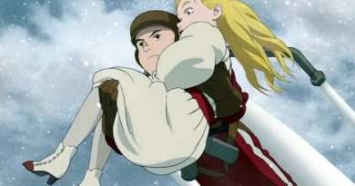 Escena de acción de Steamboy con Ray Steam volando junto a Scarlett en medio de una batalla aérea