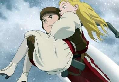 Escena de acción de Steamboy con Ray Steam volando junto a Scarlett en medio de una batalla aérea