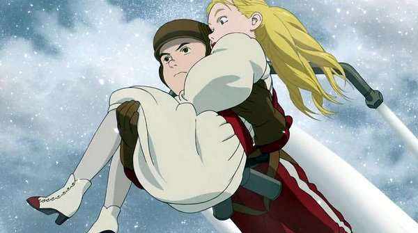 Escena de acción de Steamboy con Ray Steam volando junto a Scarlett en medio de una batalla aérea