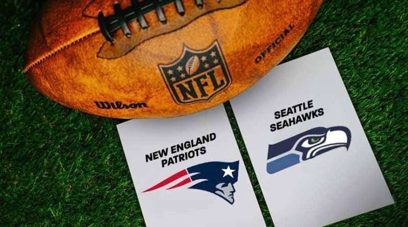 Logo del super bow LX con los escudos de New England, Patriots y Seatle Seahawks.