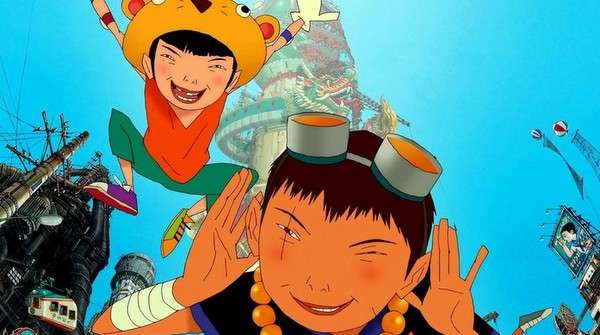 Escena de Tekkonkinkreet con Negro y Blanco, los dos protagonistas, recorriendo la ciudad en una secuencia clave del film.