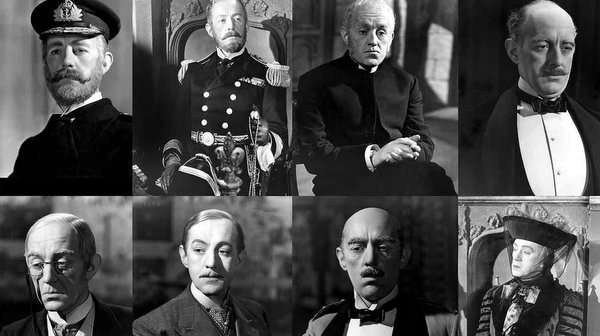 Escena de Kind Hearts and Coronets con Alec Guinness interpretando varios miembros de la familia D'Ascoyne
