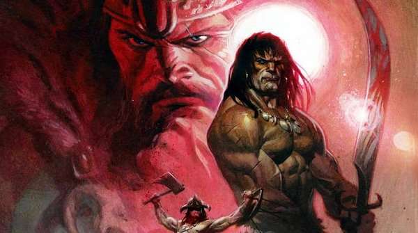 King Conan sentado en su trono como Rey de Aquilonia.