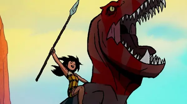 La hija de Spears sostiene una lanza sobre un dinosaurio en la tercera temporada de Primal.
