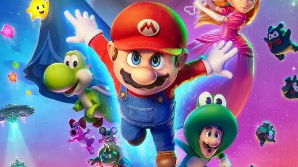 póster oficial de Super Mario Galaxy, con Mario, peach y los personajes principales.