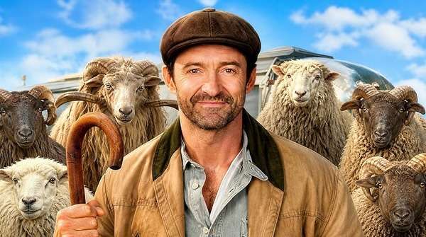 Hugh Jackman junto a un grupo de ovejas en una escena de la película