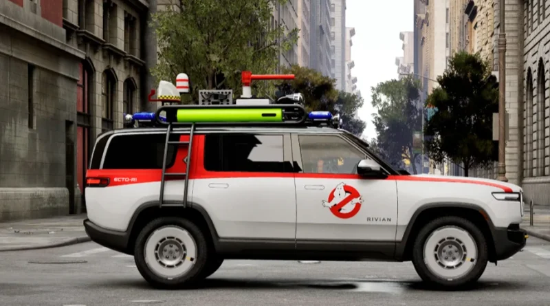 Modelo eléctrico Ecto-1 de Rivian inspirado en el vehículo de Ghostbusters.